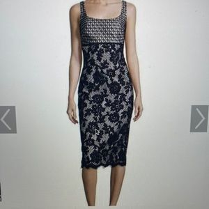 Monique Lhuillier Black Floral Lace over White Satin Cocktail Dress